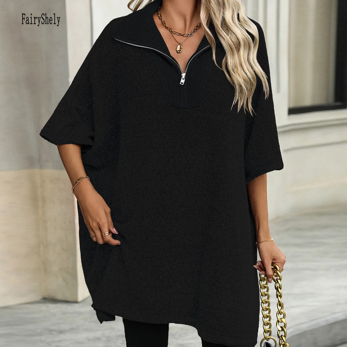 Женский Однотонный свитер на молнии повседневный Свободный теплый вязаный