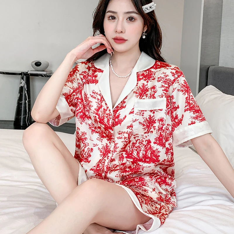 Ice Silk Pajamas Female Summer Satin Short Sleeve Shorts New Thin Home Clothes Set Outside Wear Living Clothes Free Shipping