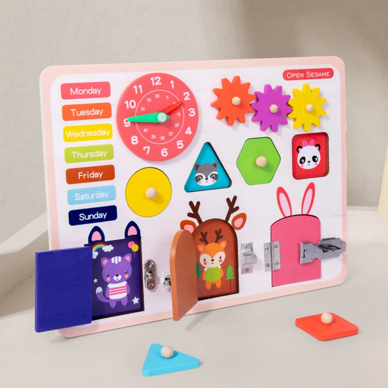 

Wooden Sensory Toy Busy Board for Toddler Montessori Basic Motor Skill Learning Unlock Activity Education Toy with Sorter Zipper