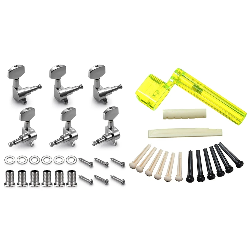 

6 Pieces Silver Guitar Tuner With 6 String Acoustic Guitar Nut Saddle Part + 2X String Winder +12X Bridge Pins Kit
