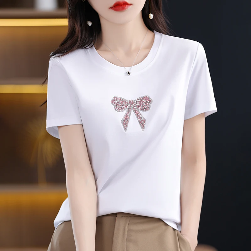 

Summer Women White T-shirt 200g Mercerized Cotton Short-sleeved Top Korean Fashion Diamond T-shirt Soft O-neck Casual Basic Tees