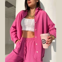 latest design ladies lively hot pink oversized loose button up blouse short harem pants women two piece outfits set 2022 casual