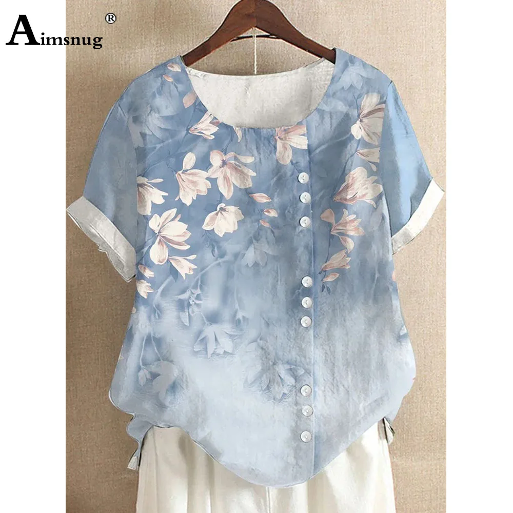 Women Latest Casual Linen Shirt Blouse 2022 Summer Boho Flower Print Top Short Sleeve Pullovers Women's Button Shirts Clothing