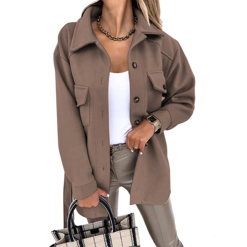 

Casual Woman Camel Loose Pocket Woolen Shirt 2022 Fashion Ladies Autumn Long Sleeve Thick Blouse Coat Female Long Outwear
