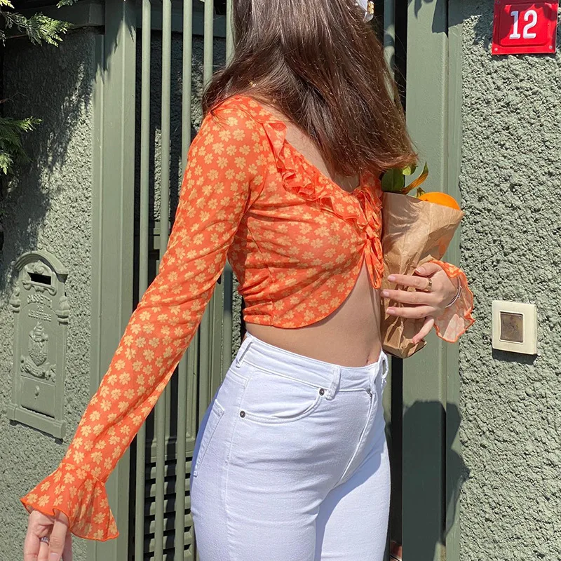 

Ladies Short Tops Women Leisure Style Floral Printing Front Tie Up Flouncing Splicing Flare Long Sleeve Slim Blouse Streetwear