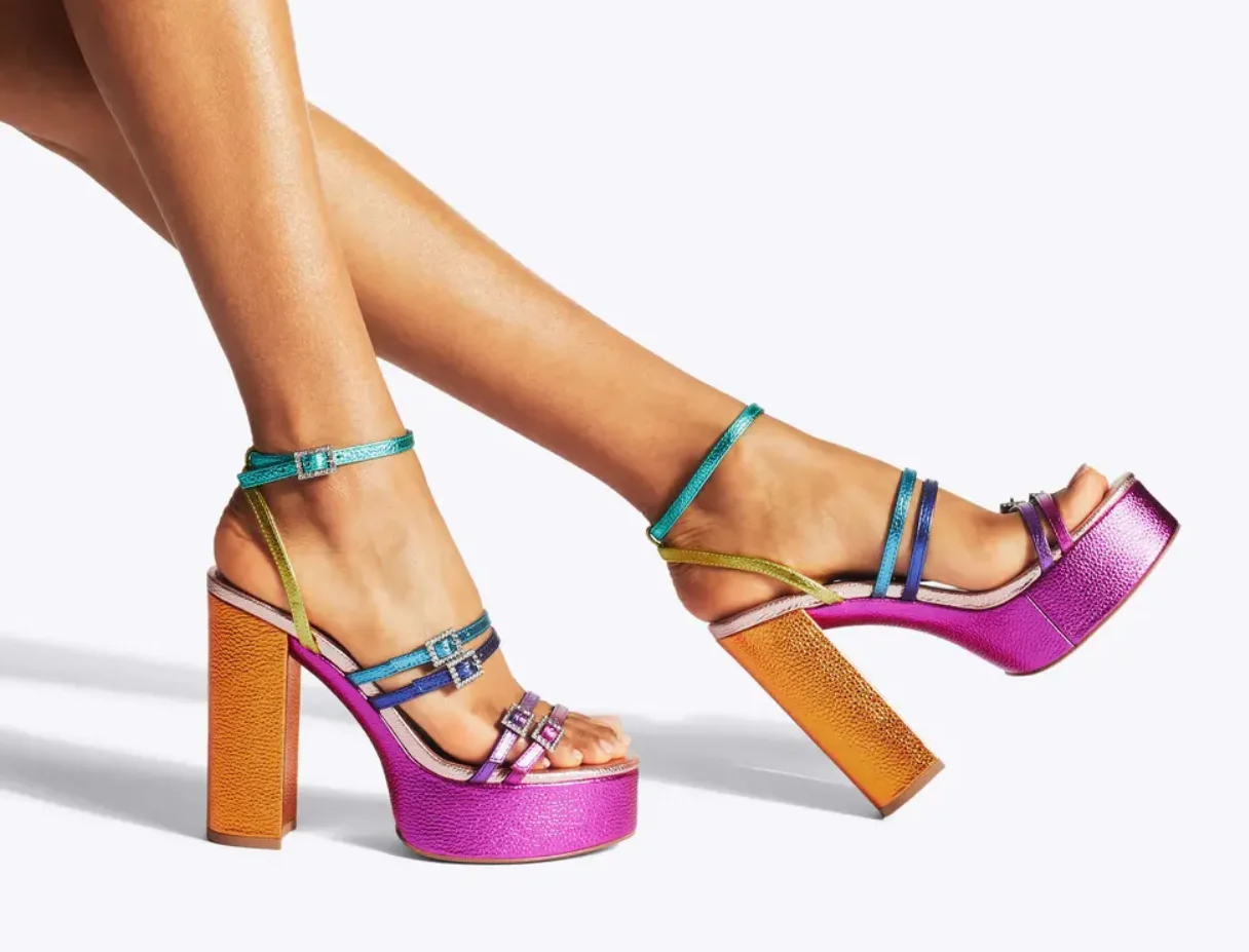 

Rainbow Open Toe Platform Sandals Single Band Rhinestone Buckle Ankle Straps Block High Heels Slingback Summer Fashion Shoes