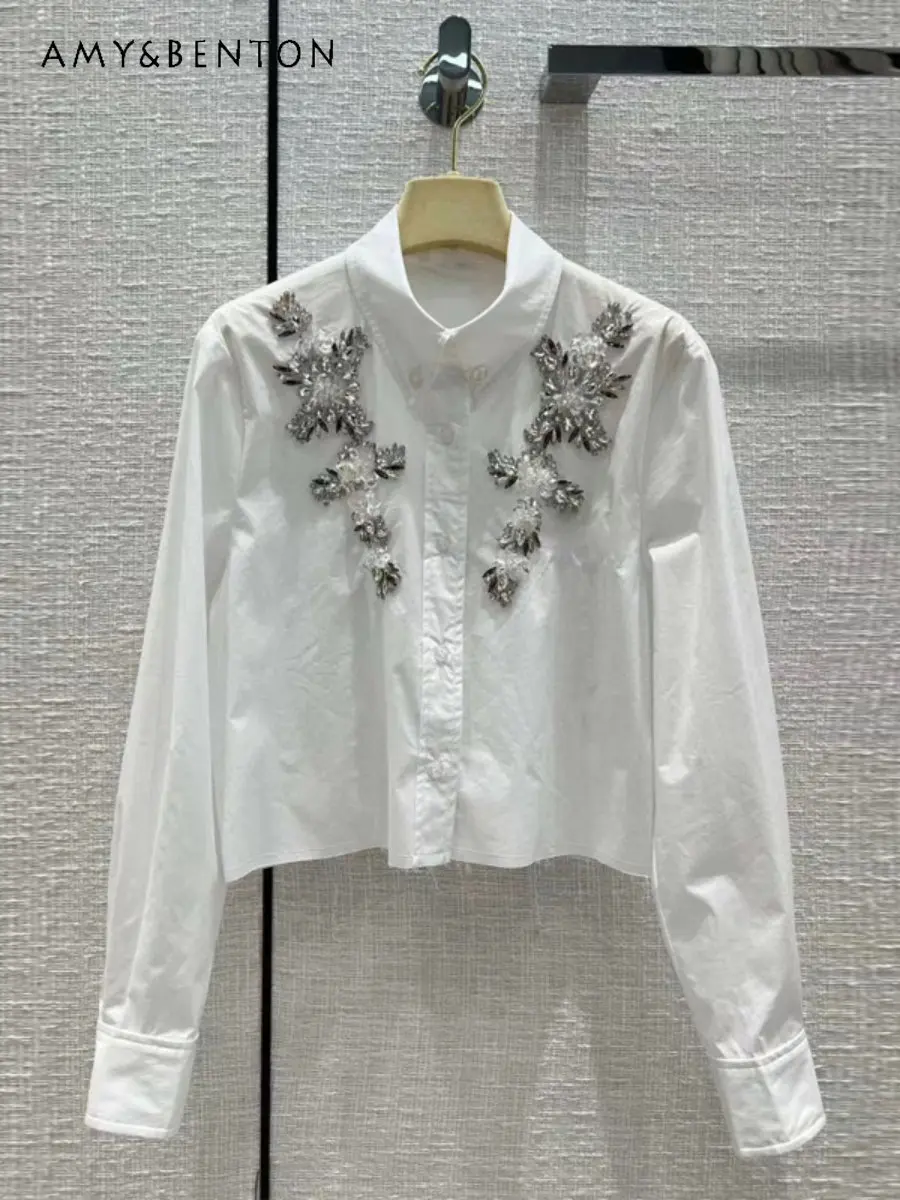 European Station White Long-Sleeved Shirt Hand-Stitched Diamond 3D Petals Shirt Chic Top French Autumn and Winter New Blouse