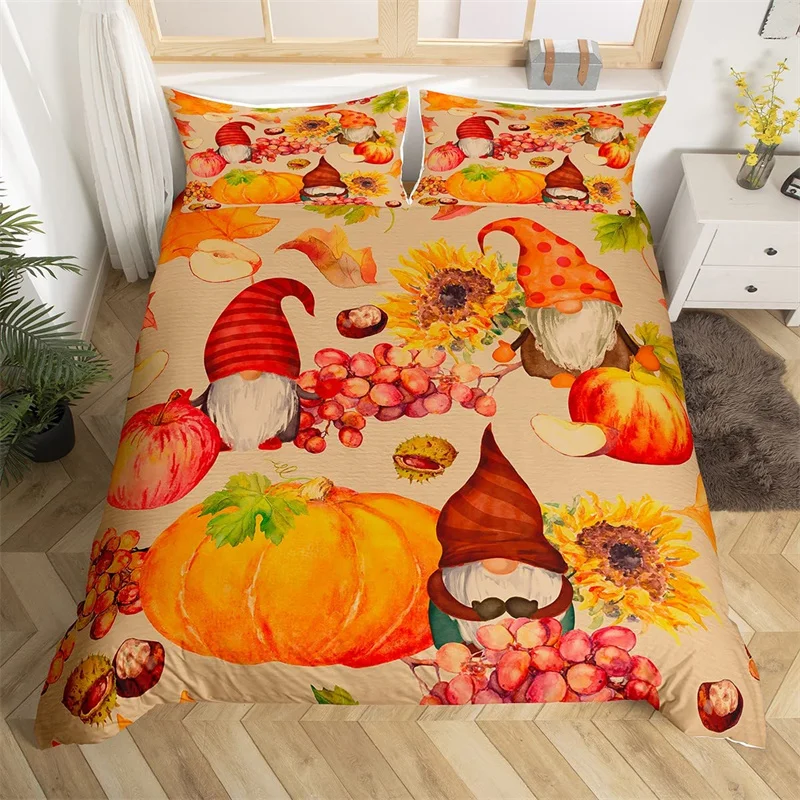 

Cartoon Christmas Santa Thanksgiving Pumpkin Comforter Cover Fall Maple Leaves Duvet Cover Autumn Harvest Theme King Bedding Set