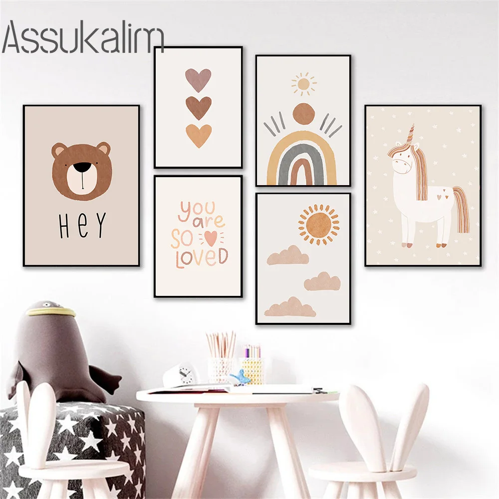 Boho холст настенное искусство радужные картины сердца Единорог медведь Альпака