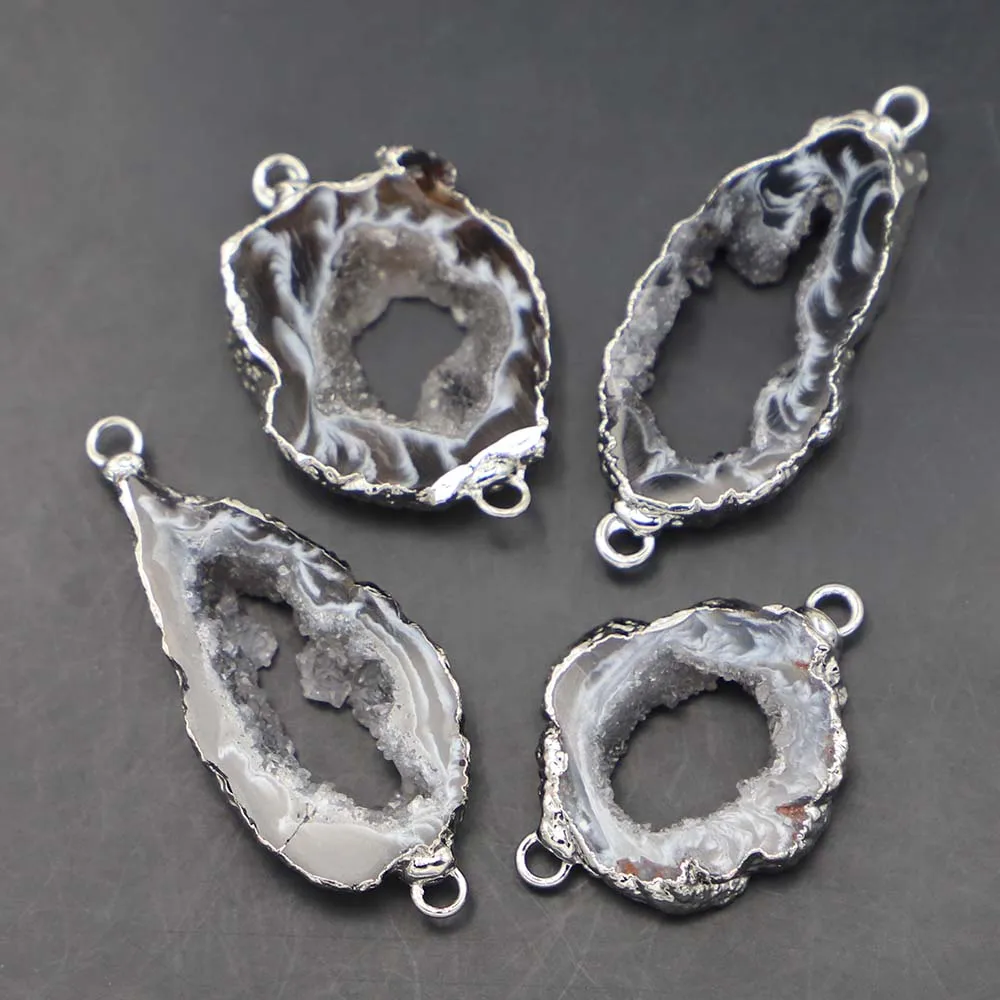 

New Natural Stone Agate Slice Irregular Connectors Silver Raw Druzy Pendant Charm for DIY Earring Jewelry Making 4PCS Wholesale