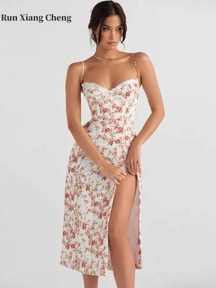 

Женское платье, Новинка лета 2023, платье на бретельках с разрезом и маленькими цветами для женщин, соблазнительное кружевное Элегантное Длинное Платье с разрезом сбоку