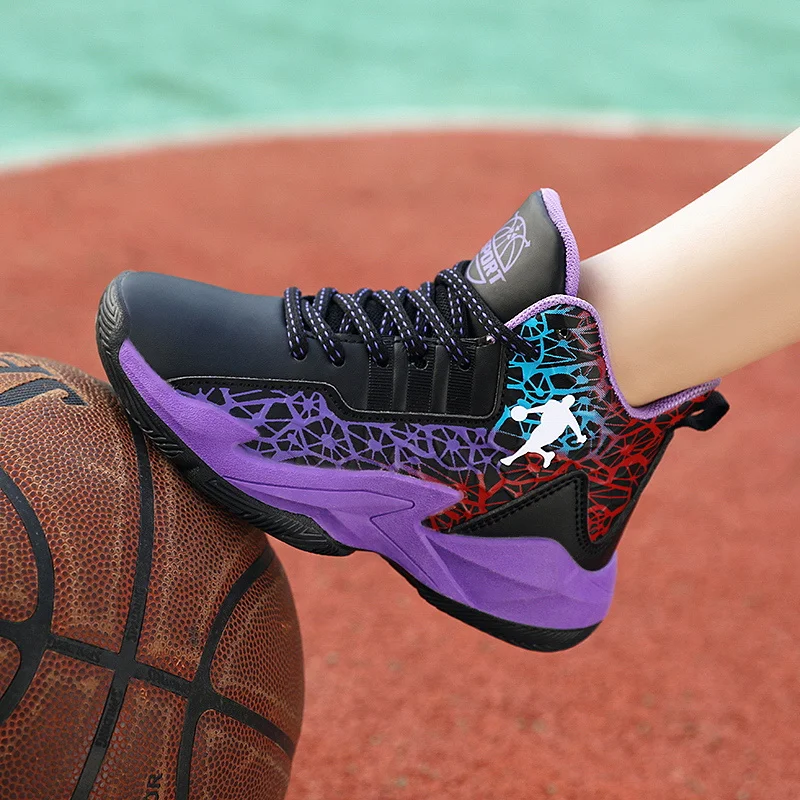 Spring Mesh Purple Size 31-40 Children Basketball Shoes Light Comfortable Kid's Sport Shoes Non-slip Chunky Training Sneaker Kid