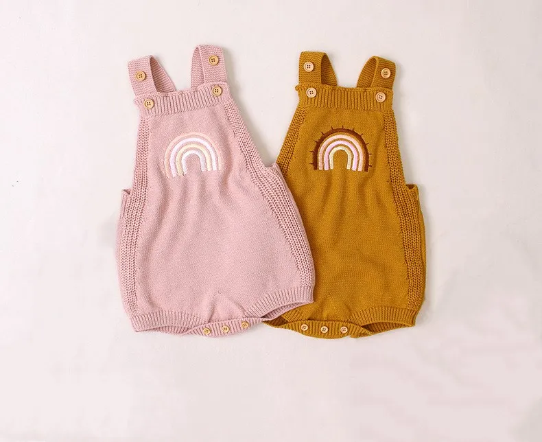 

3-24M Newborn Baby Girls Sleeveless Jumpsuit Knitted Romper Embroidered Rainbow Basic Bodysuit Sleeveless Backless Jumpsuits