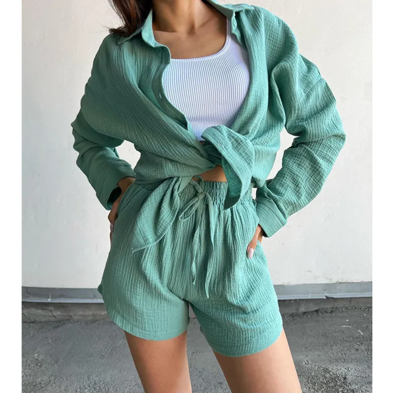 

Пижама женская хлопковая с отложным воротником и рукавом 2023