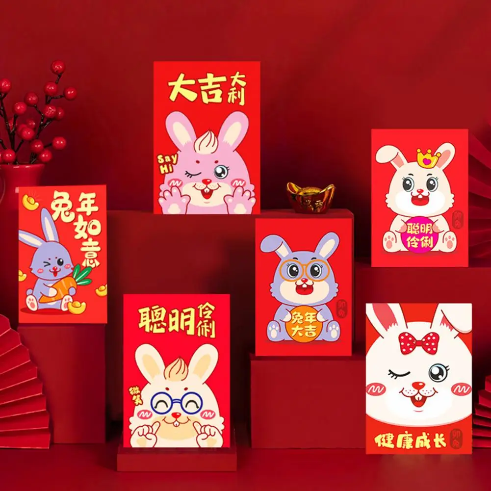 

12Pcs Red Packet Year of The Rabbit Cartoon Pattern Blessing Phrases Ang Pow Bag 2023 Blessing Red Envelope for Festival