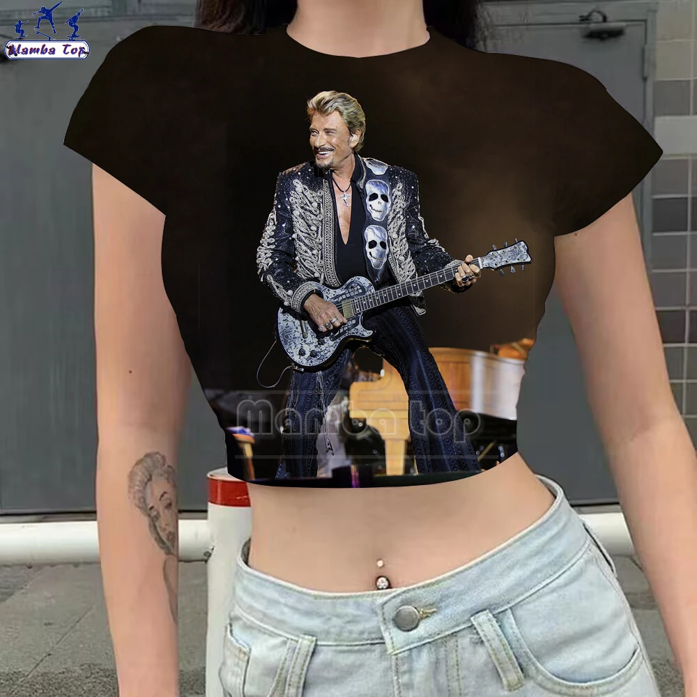 

Mamba Top Johnny Hallyday Crop Top Woman Clothing 3D Print France Rock Singer Women T-shirt Sexy Slim Stitch Female Blouse Trend
