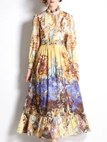 autumn runway retro ruched long dresses for woman elegant ruffle collar designer vintage printed lantern sleeve party dress