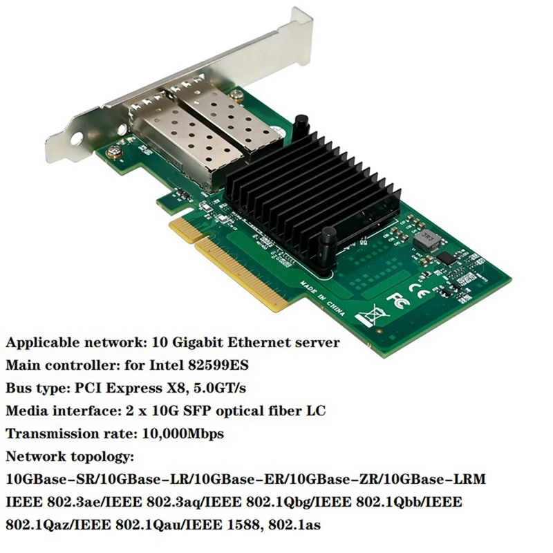 

1Set ST7327 X520-DA2 Ethernet Network Card Pcie X8 Dual Optical Port 10G SFP+Server Optical Network Card Green PCB+Metal 82599ES