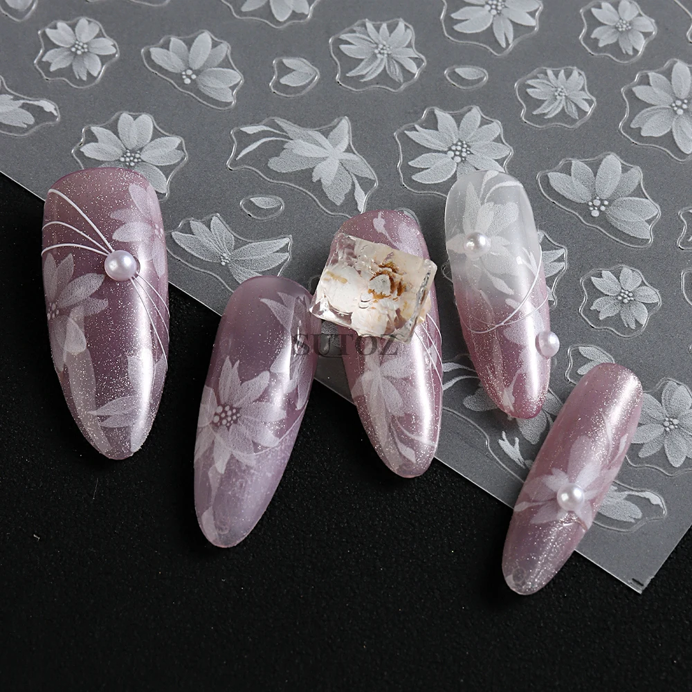 Белые цветы наклейки для ногтей лепестки кружева розовые бабочки свадебный