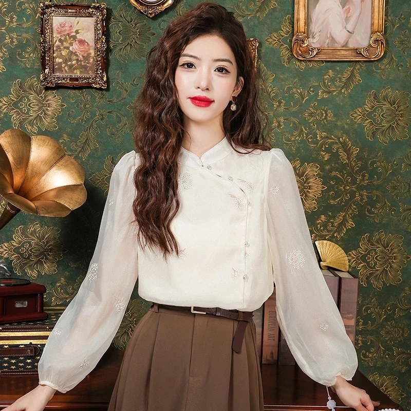 New Long Sleeve Stand Collar Women Blouse Embroidery Shirt Tops Blouses Shirts Blusas Para Mujer Camisas Blusa M677