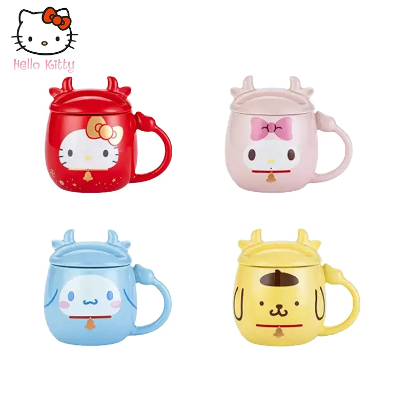 

Kawaii Antlers Hello Kitty Ceramic Water Cup Anime My Melody Cinnamoroll Household Personalized Mug with Lid Breakfast Cup