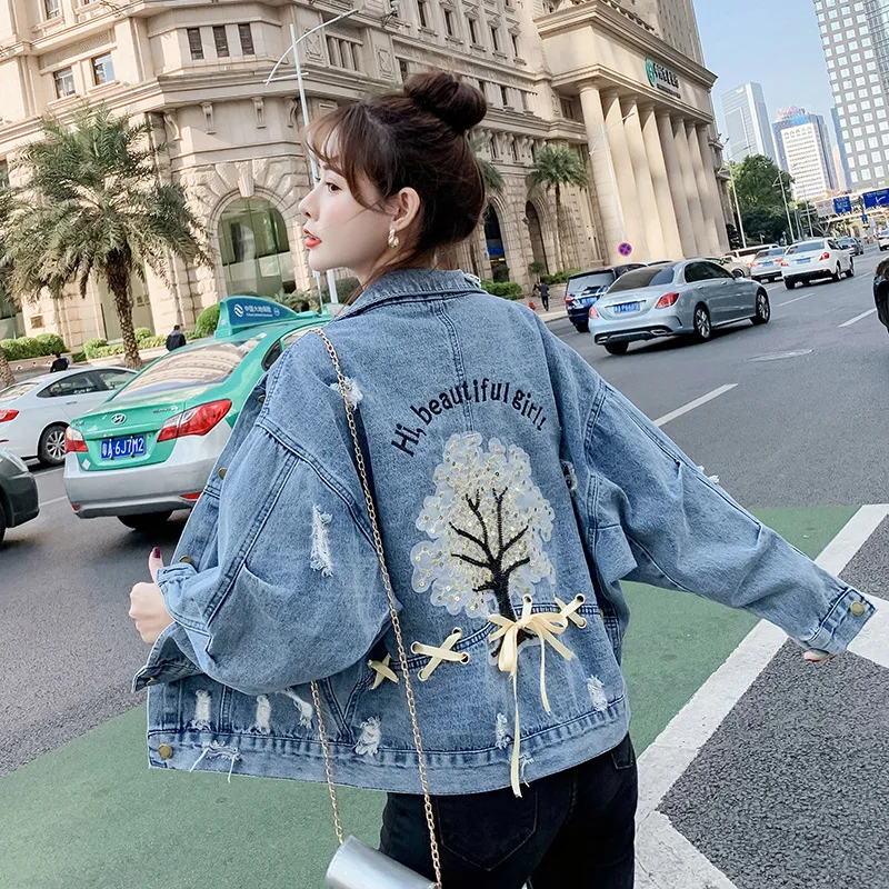 

heavy appliques Ladies Denim Jacket Frayed Hole BF Style Oversized Jackets Casual Streetwear Letter Jeans Coat Women tops 2021