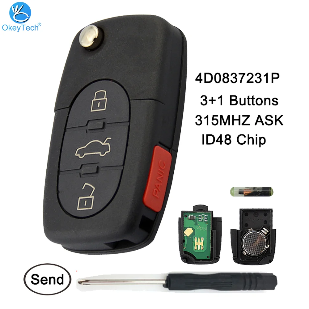 

OkeyTech дистанционный ключ 315 МГц с чипом ID48 для Audi A4 A6 A8 S4 S6 S8 4 кнопки 4D0837231P Uncut HU66 лезвие откидной сменный ключ