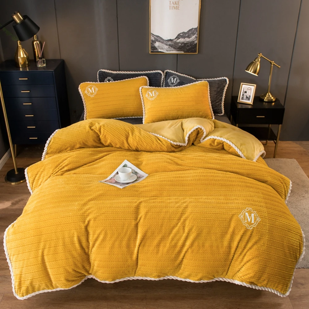 Yellow Winter Flannel Quilt Cover Soft Worm Coral Fleece Comforter Cover Thickening Warm Duvet Bedding Cover Solid Color