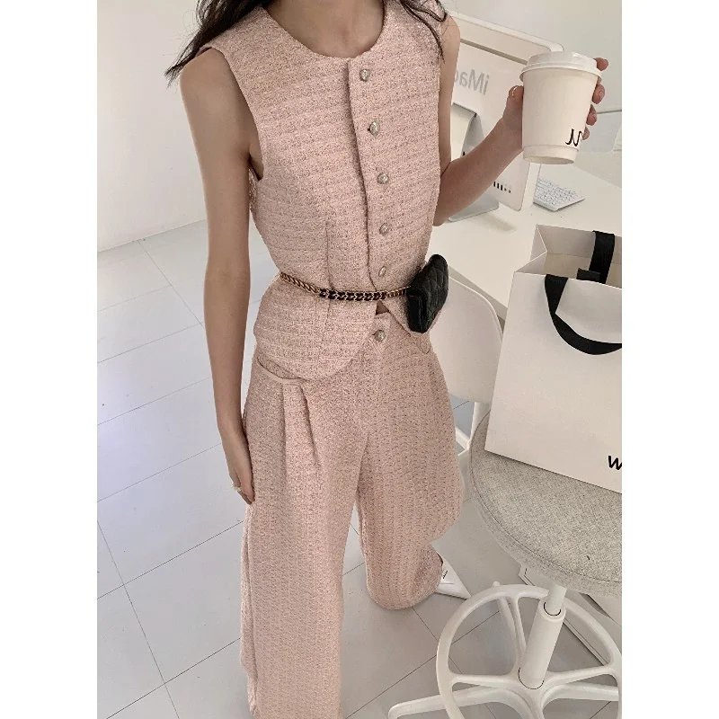 Spring Summer Temperament Pant Suits Female 2023 Casual Sleeveless Vest Full Length High Waist Pants Tweed Two-piece Sets Women