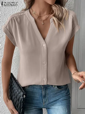 Модная женская офисная рубашка ZANZEA, летняя элегантная Рабочая Блузка с V-образным вырезом и коротким рукавом, блузы на пуговицах, Повседневная однотонная туника, топы