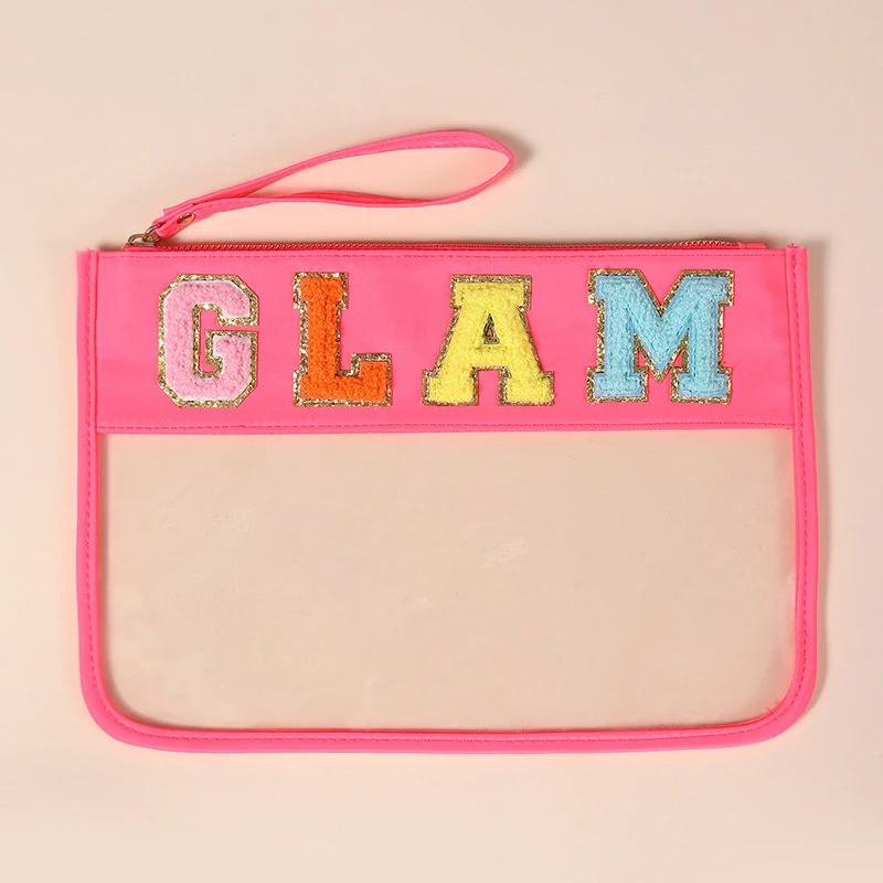 

Hot Letter Patches Transparent PVC Cosmetic Bag Clutch Women Clear Travel Make up Cosmetic Bag Pouches Stuff Makeup Toiletry Bag