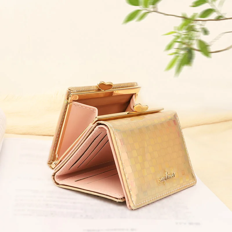 Wallets For Women Short Colorful Laser Purse Multifunctional Folding Coin Purse PU Leather Pink Purse Card Holders Cartera Mujer