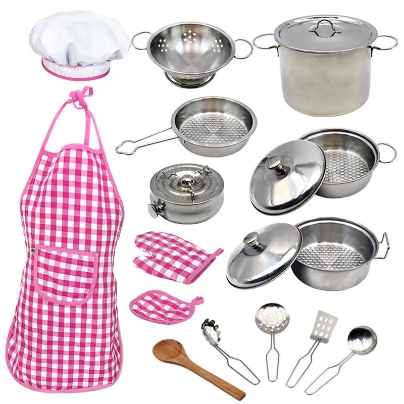 

18pcs Toddlers Kitchenware 304 Stainless Steel Pots Pans Children Cookware Kids Pretend Cooking Toys