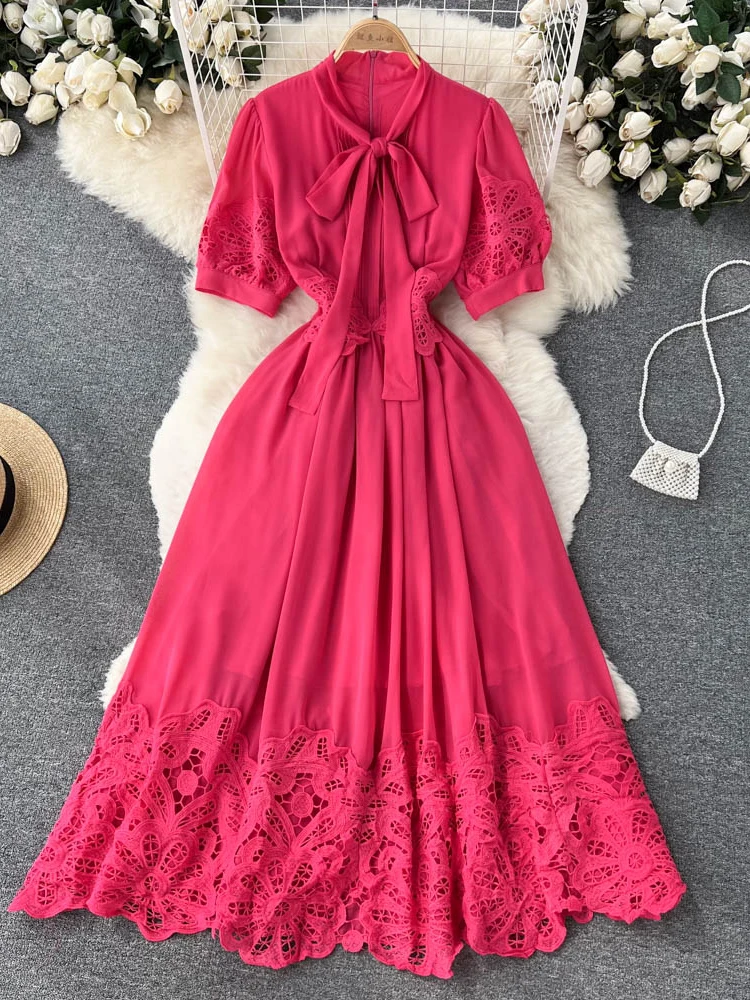 

Summer Rose Red/White Lace Hollow Out Party Long Dress Elegant Bow Collar Puff Short Sleeve High Waist A-Line Maxi Vestidos New