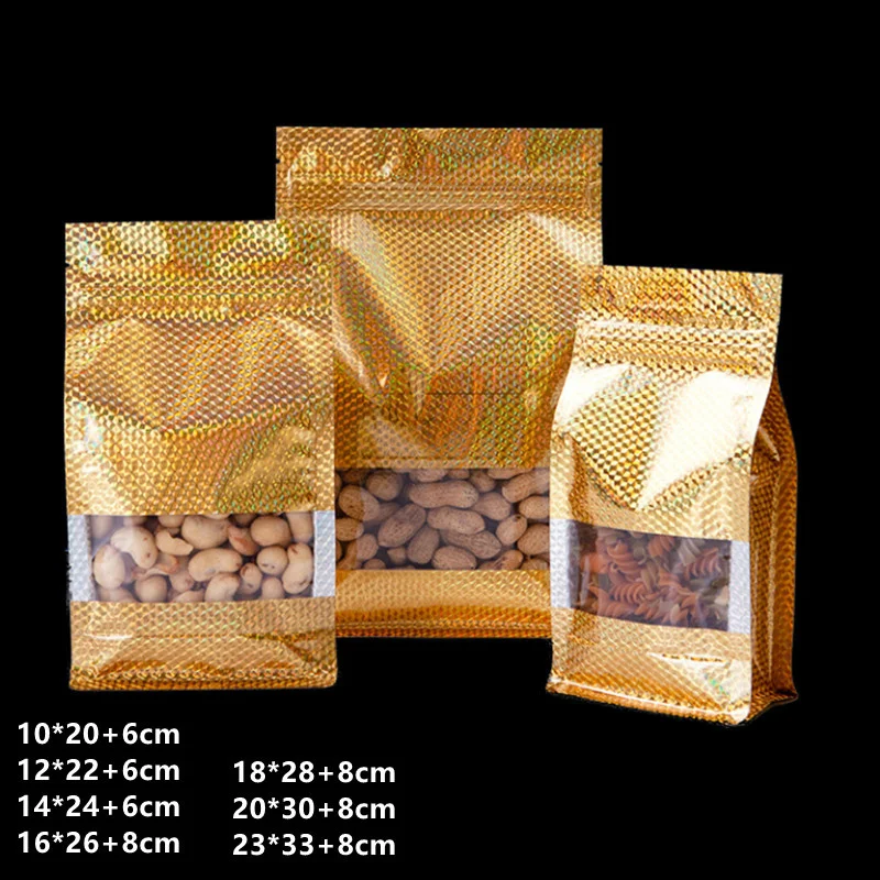50pcs Golden Laser Aluminum Foil Ziplock Bags For Dried Fruit Grain Coffee Tea Bean Storage Reusable Stand Up Seal Pouch Plastic
