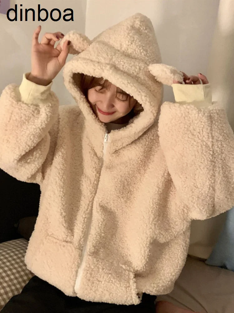 

Dinboa-sweet Kawaii Bear Zip Up Y2k Hoodies Women Japanese Harajuku Cute Ear School Student Hooded Fur Coat 2022 Autumn