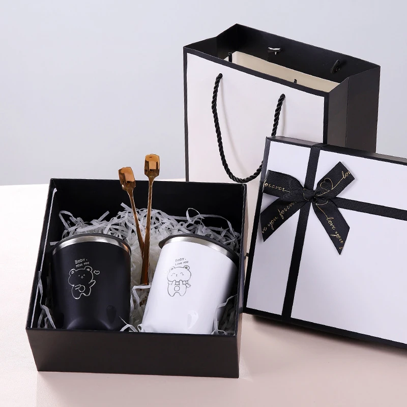 

2pcs 304 Stainless Steel Car Coffee Cup Travel Self Stirring Mug With Lid Double Layer Anti-Scalding Cartoon Couple Gift Box Set