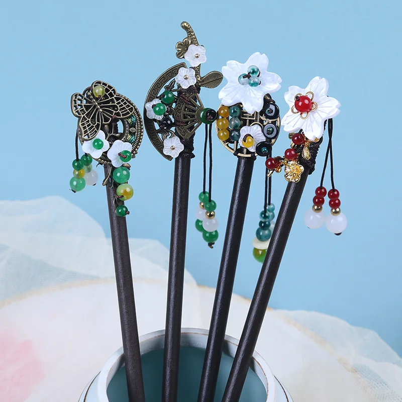 

Exquisite Elegant Imitation Jade Flower Wooden Hairpins With Waterdrop Tassel Ancient Style Buyao Hairpins Headdress Women Gift