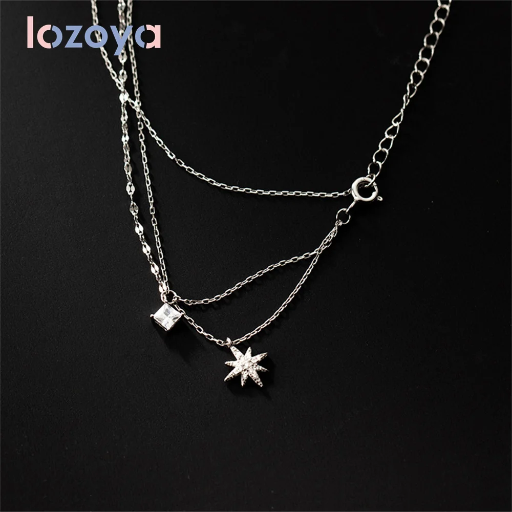 

Женское Ожерелье Lozoya из стерлингового серебра 925 пробы с подвеской в виде звезды, геометрический Квадратный Кулон из синтетического циркония с двойной звездой, цепочка до ключиц