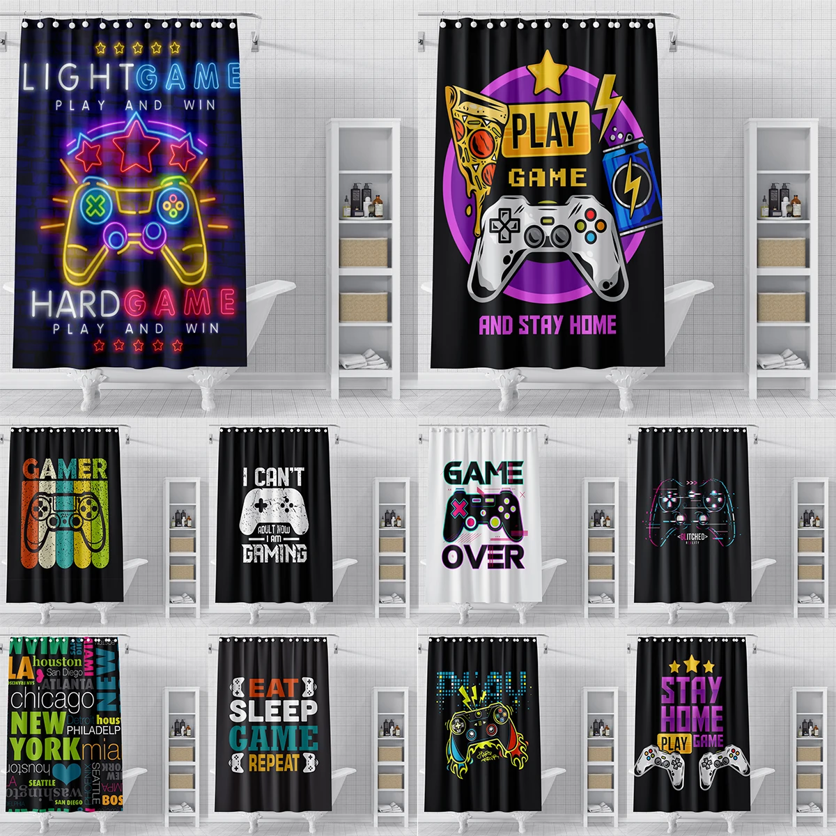 

Gamepad Shower Curtains Funny Bathroom Curtain With Hooks Decor Waterproof Bathroom Blackout Curtains For Boy Teens 180*180cm