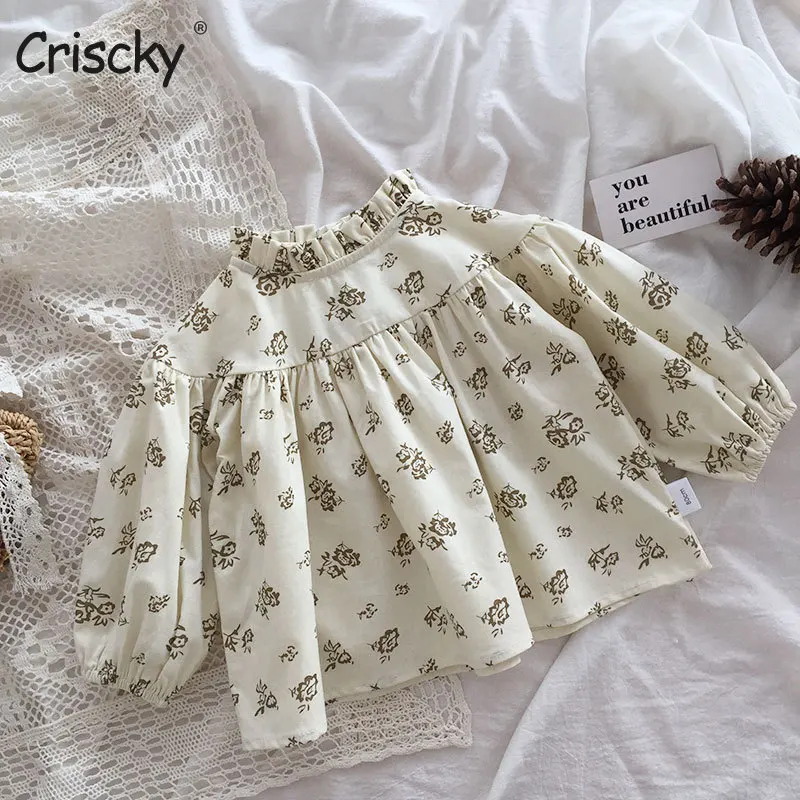 

Осень 2022, блузка для маленьких девочек от Criscky, одежда, новая блузка с длинным рукавом и цветочным принтом, модные топы с круглым воротником д...