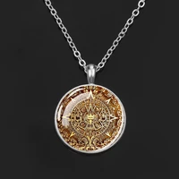 aztec calendar necklace ancient mexico art glass cabochon pendant necklace mayan jewelry