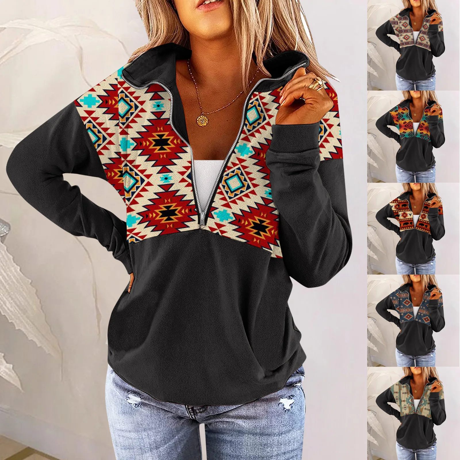 

Женский свитер на молнии, с винтажным принтом, 16 цветов