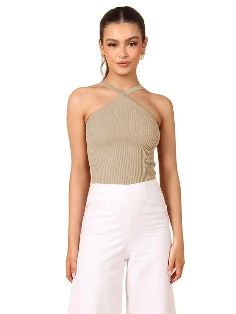 

2023 Summer Hot Sale New Sexy Spicy Girl Women's Short Strap Bottom Tank Top Fashion Thread Knit Outwear