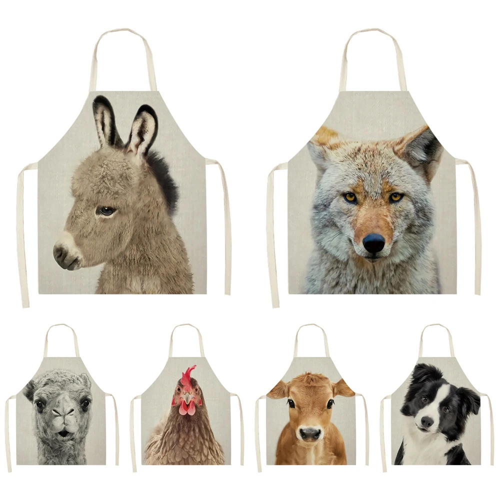 

Funny Wearing Cow Puppy Sheep Printed Kitchen Apron Sleeveless Cotton Linen Aprons for Men Women Home Cleaning Tablier Delantal