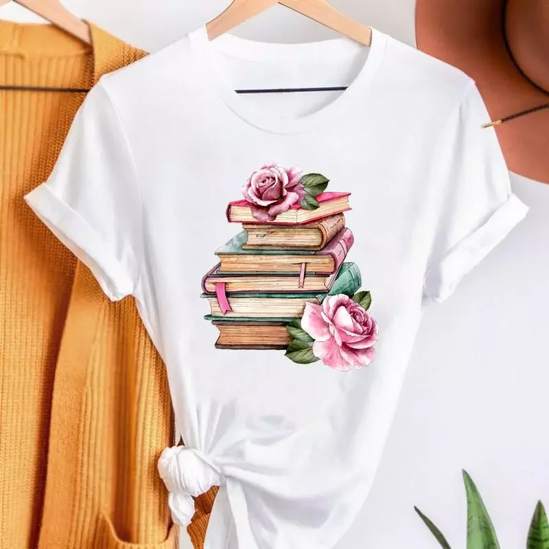 

2022NEW T-shirts Fashion Women Cartoon Summer Shirt Stylish Short Sleeve Book Flower Vintage Graphic T Top Female Tee T-Shirt