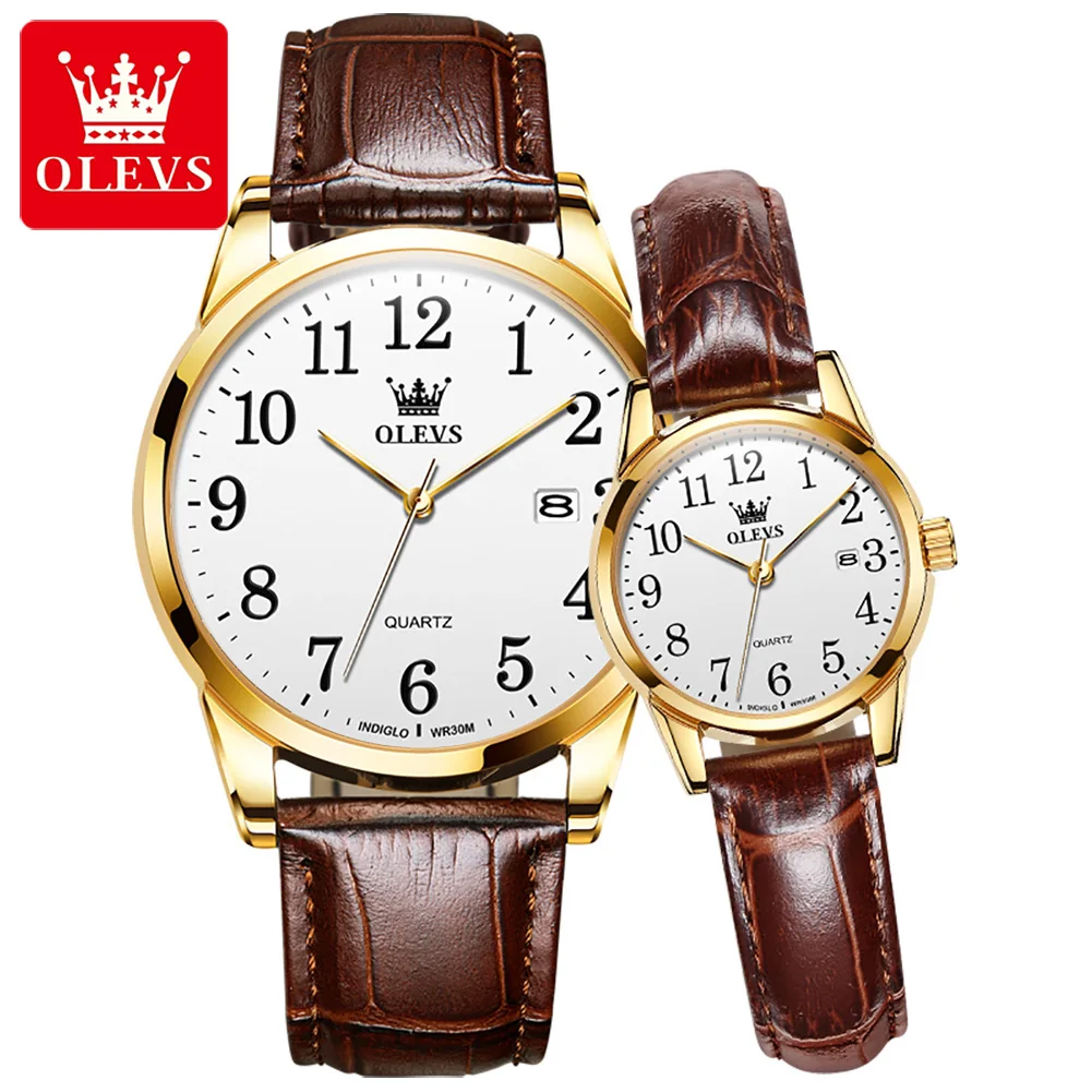 

OLEVS 5566 Couple Watch For Men And Women Original Quartz Hand Clock Waterproof Calendar Luxury Leather Strap Classical Watches