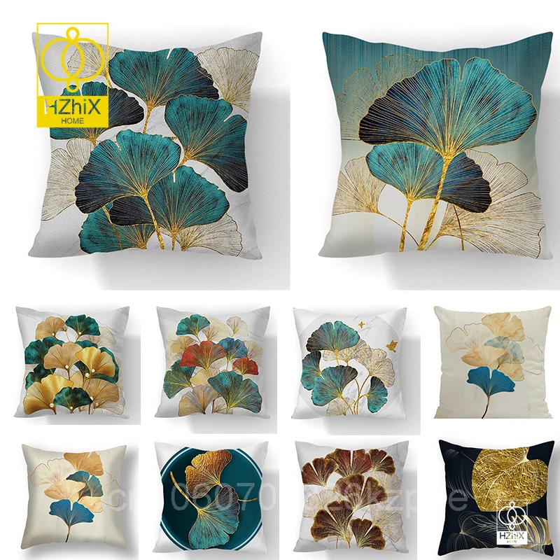 

45x45cm Ginkgo Biloba Polyester Cushion Cover Black Golden Leaves Waist Pillow Case Living Room Chair Sofa Room Decoration Style