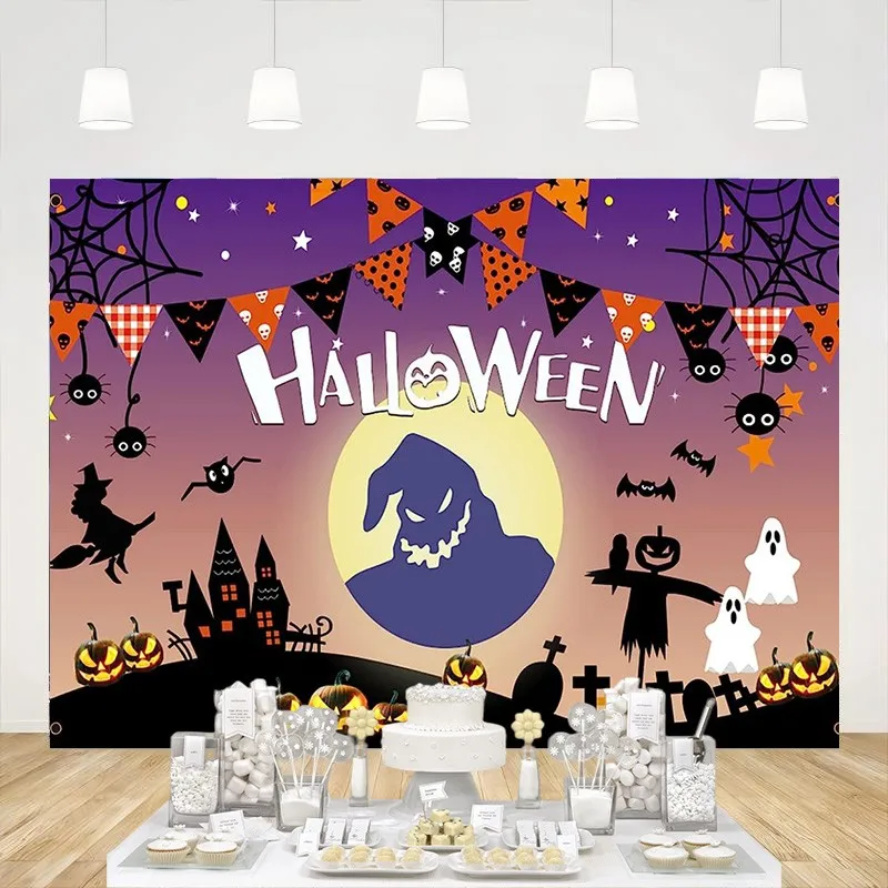

Purple Halloween Backdrop Flag Pumpkin Moon Ghost Head Nightmare Background for Photography Decoration Party Photo Booth Props