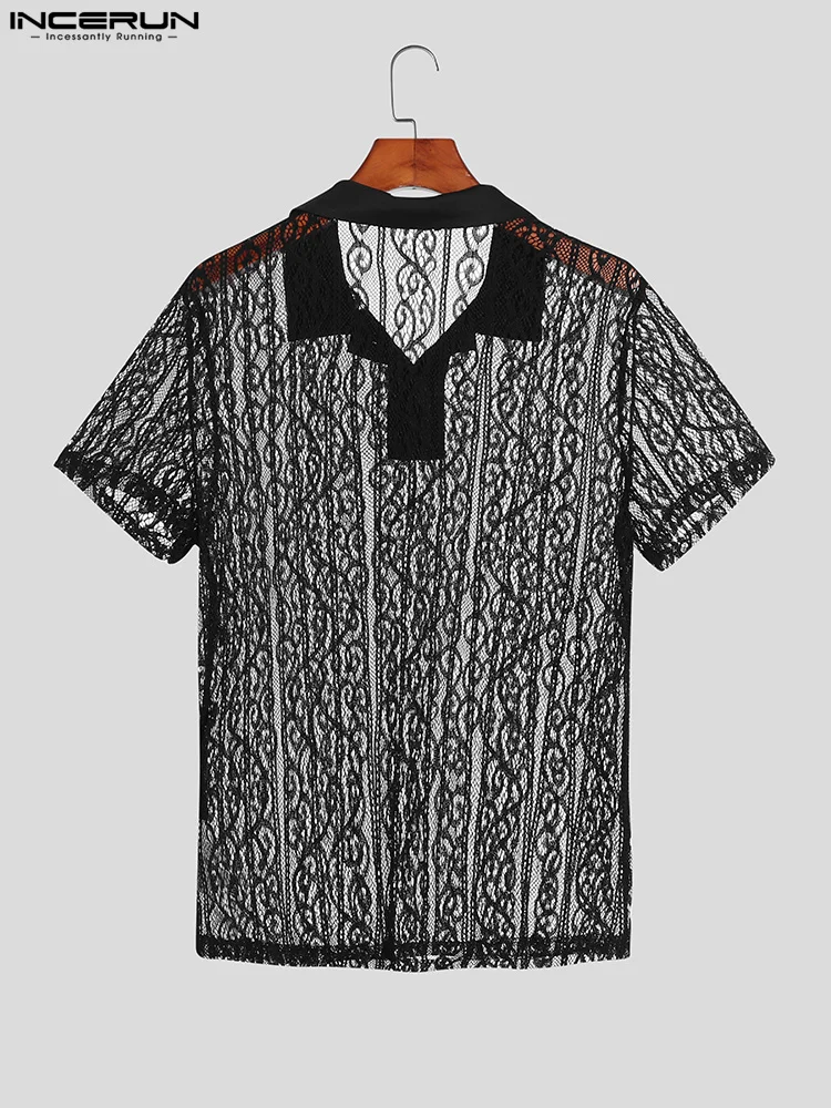 INCERUN Tops 2022 American Style New Men Lace Printing Blouse Casual Streetwear Male See-through Short Sleeve Lapel Shirts S-5XL